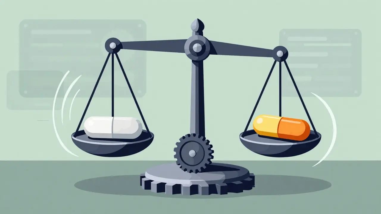 Abstrakte Waage mit identischen Tabletten zur Darstellung der Bioäquivalenz