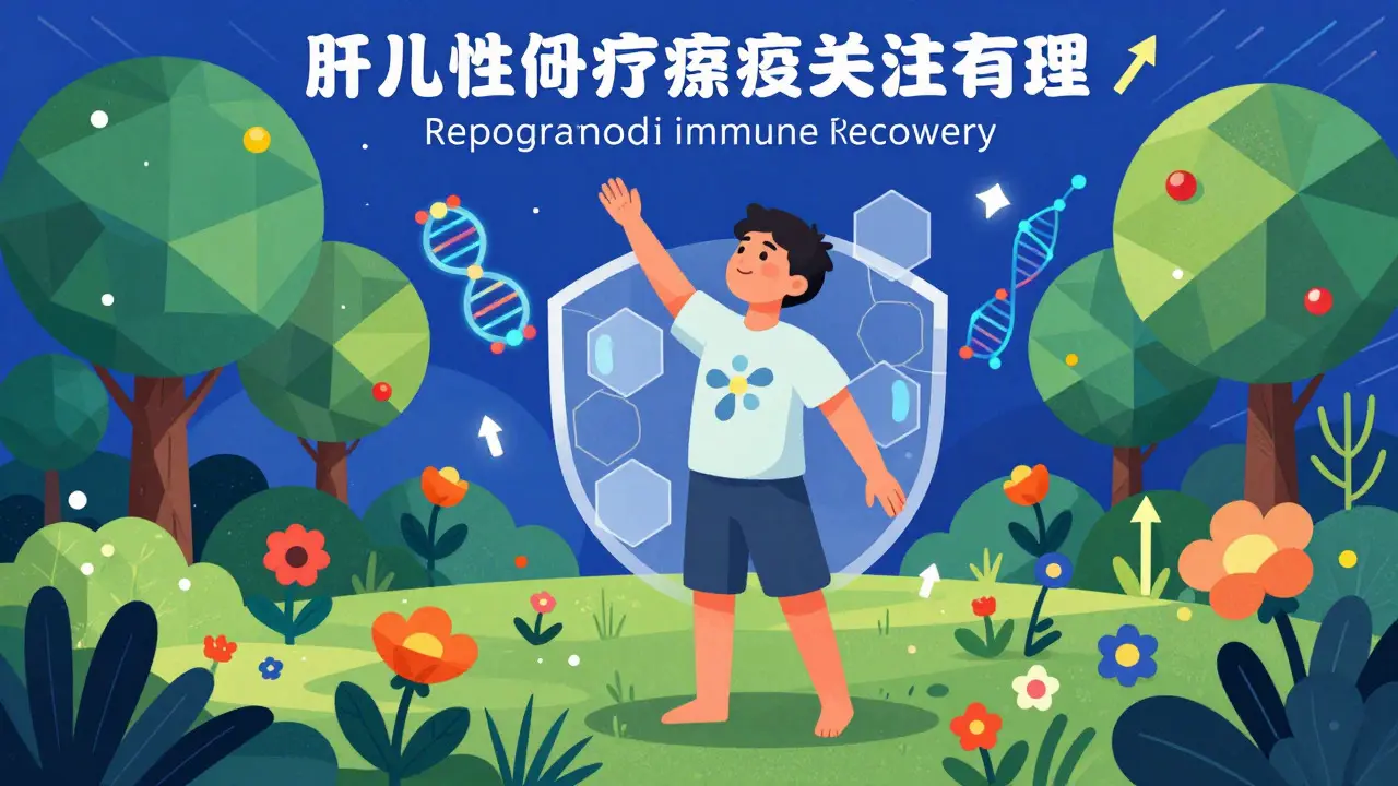 Healthy person in a garden protected by abstract immune shields, constructivist cartoon style
