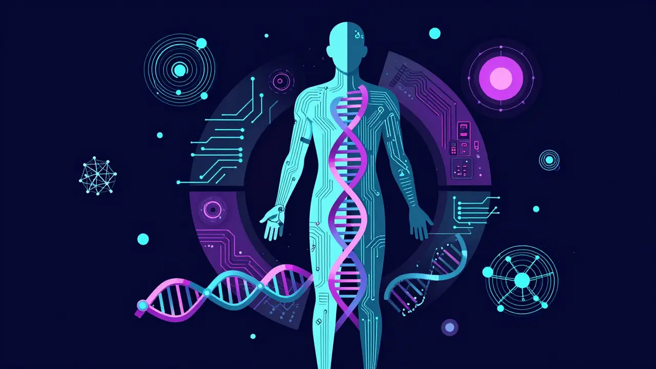Konstruktivistische Illustration personalisierter Medizin mit DNA-Strukturen und Datenpunkten