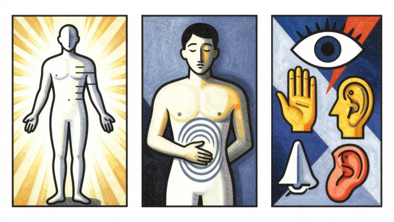 Triptych showing body scan, breathing, and grounding techniques in geometric style