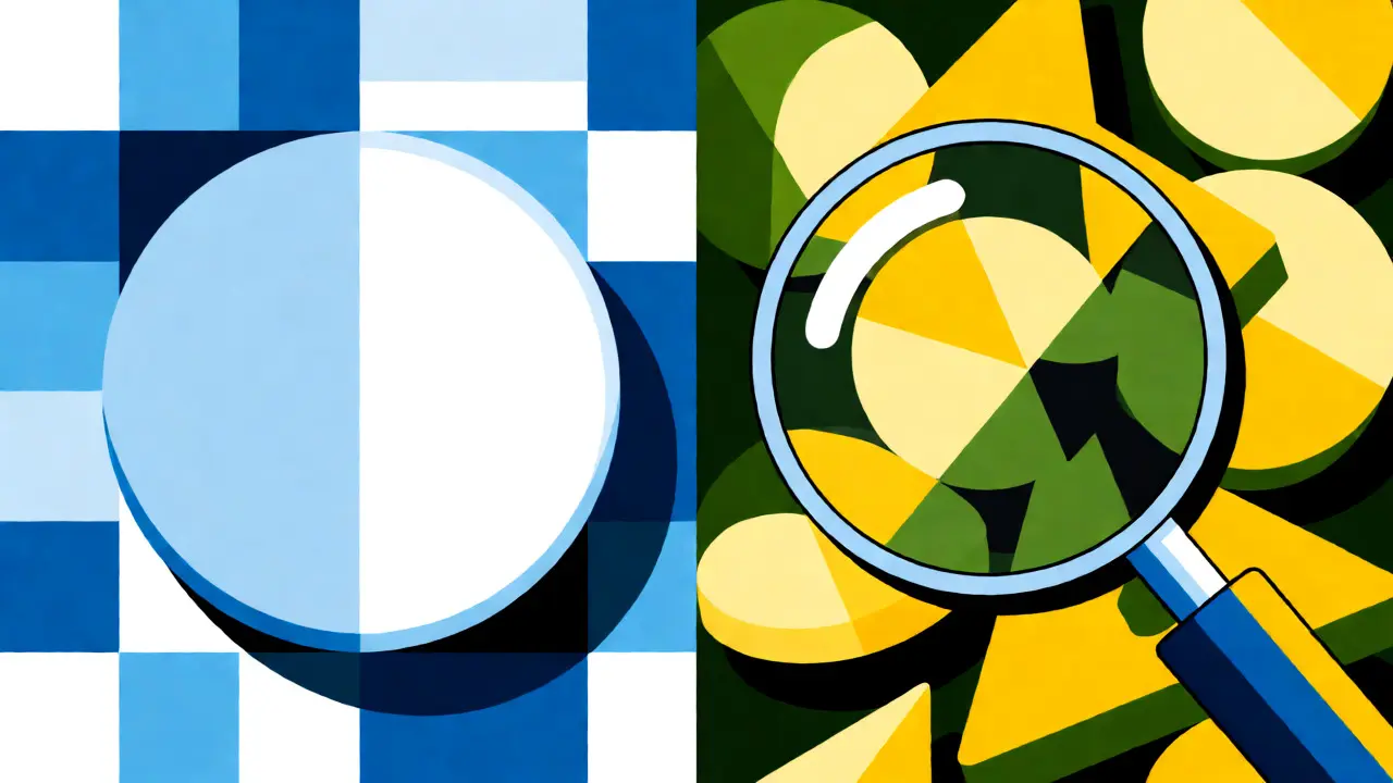 Vergleich zwischen echten und gefälschten Medikamenten in geometrischem Stil mit Warnfarben.